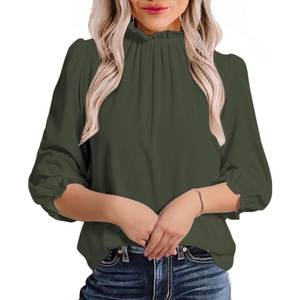 image:imageAvanova Women Polka Dot Long Sleeve Blouse Shirts Work Mock Neck Ruffle TopArmy Green