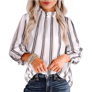 image:imageAvanova Women Polka Dot Long Sleeve Blouse Shirts Work Mock Neck Ruffle TopBeige Striped