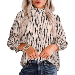 image:imageAvanova Women Polka Dot Long Sleeve Blouse Shirts Work Mock Neck Ruffle TopBeige Striped B