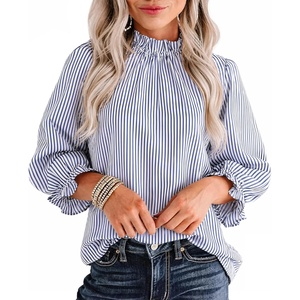 image:imageAvanova Women Polka Dot Long Sleeve Blouse Shirts Work Mock Neck Ruffle TopBlue Striped