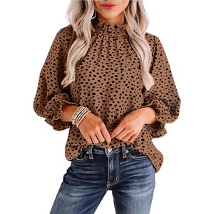 image:imageAvanova Women Polka Dot Long Sleeve Blouse Shirts Work Mock Neck Ruffle TopBrown Leopard