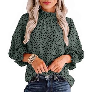 image:imageAvanova Women Polka Dot Long Sleeve Blouse Shirts Work Mock Neck Ruffle TopLeopard Green