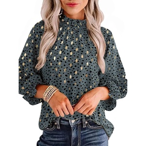 image:imageAvanova Women Polka Dot Long Sleeve Blouse Shirts Work Mock Neck Ruffle TopLeopard Green Gold
