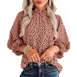 image:imageAvanova Women Polka Dot Long Sleeve Blouse Shirts Work Mock Neck Ruffle TopLeopard Pink