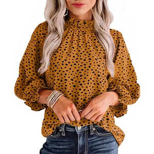 image:imageAvanova Women Polka Dot Long Sleeve Blouse Shirts Work Mock Neck Ruffle TopLeopard Yellow
