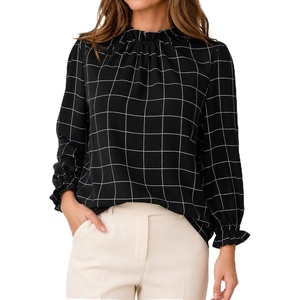 image:imageAvanova Women Polka Dot Long Sleeve Blouse Shirts Work Mock Neck Ruffle TopPlaid Black