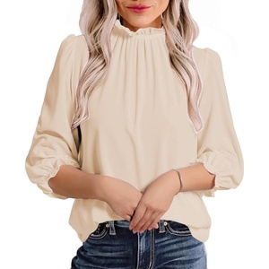 image:imageAvanova Women Polka Dot Long Sleeve Blouse Shirts Work Mock Neck Ruffle TopSolid Beige