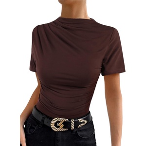 image:imageAvanova Women Ruched Mock Neck Tops Short Sleeve Fitted Dressy Casual Business Work ShirtsBrown