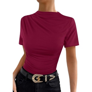 image:imageAvanova Women Ruched Mock Neck Tops Short Sleeve Fitted Dressy Casual Business Work ShirtsBurgundy