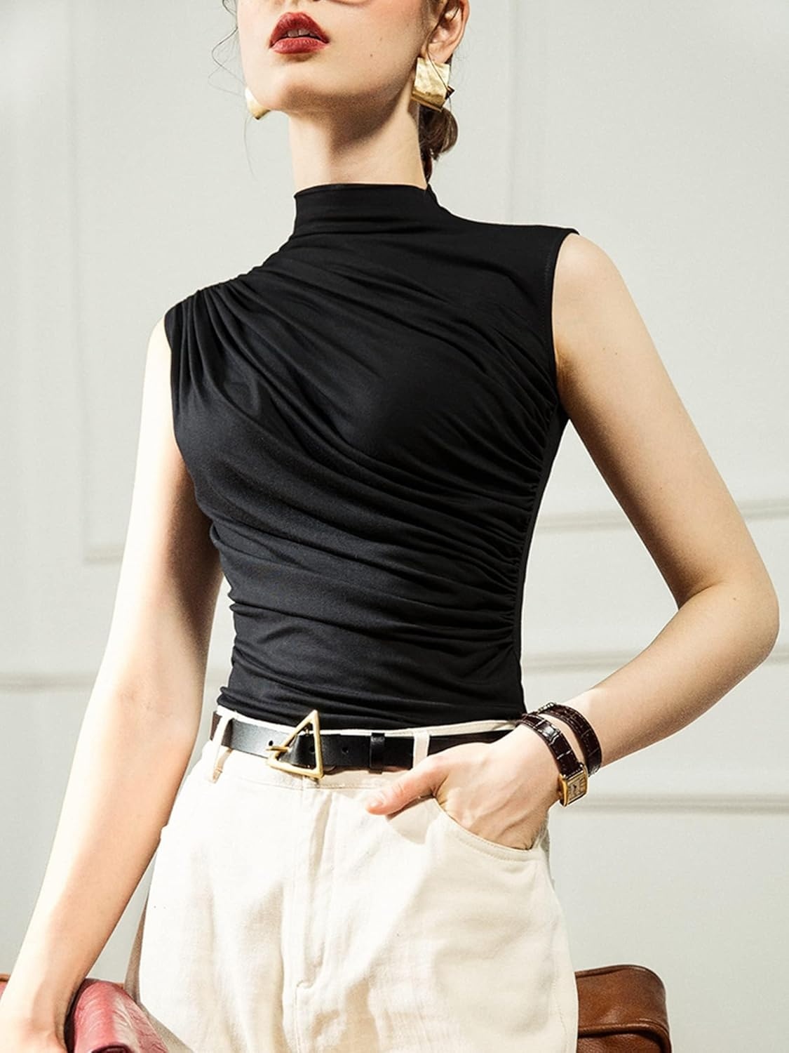 image:imageAvanova Women Fitted Sleeveless Ruched Tank Top Shirt Mock Turtleneck BlousesBlack