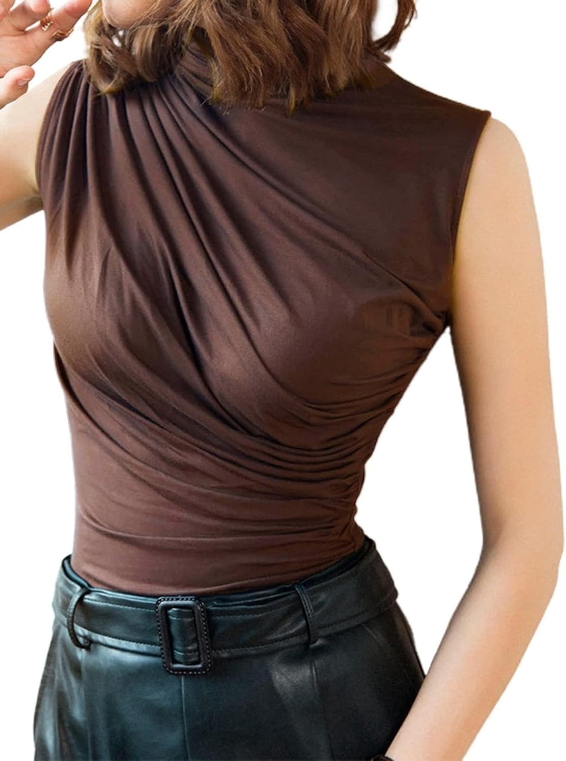 image:imageAvanova Women Fitted Sleeveless Ruched Tank Top Shirt Mock Turtleneck BlousesBrown