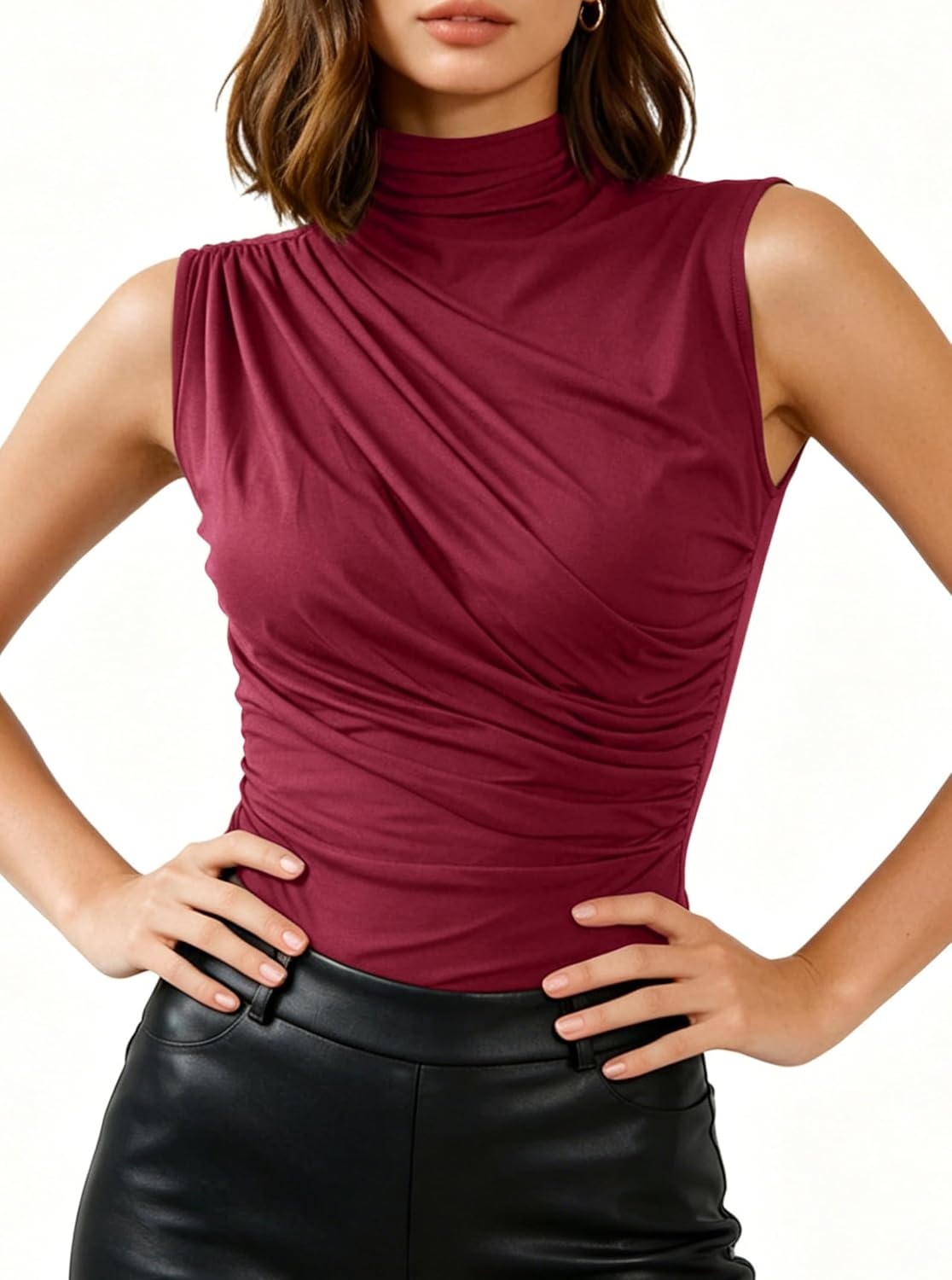 image:imageAvanova Women Fitted Sleeveless Ruched Tank Top Shirt Mock Turtleneck BlousesBurgundy a