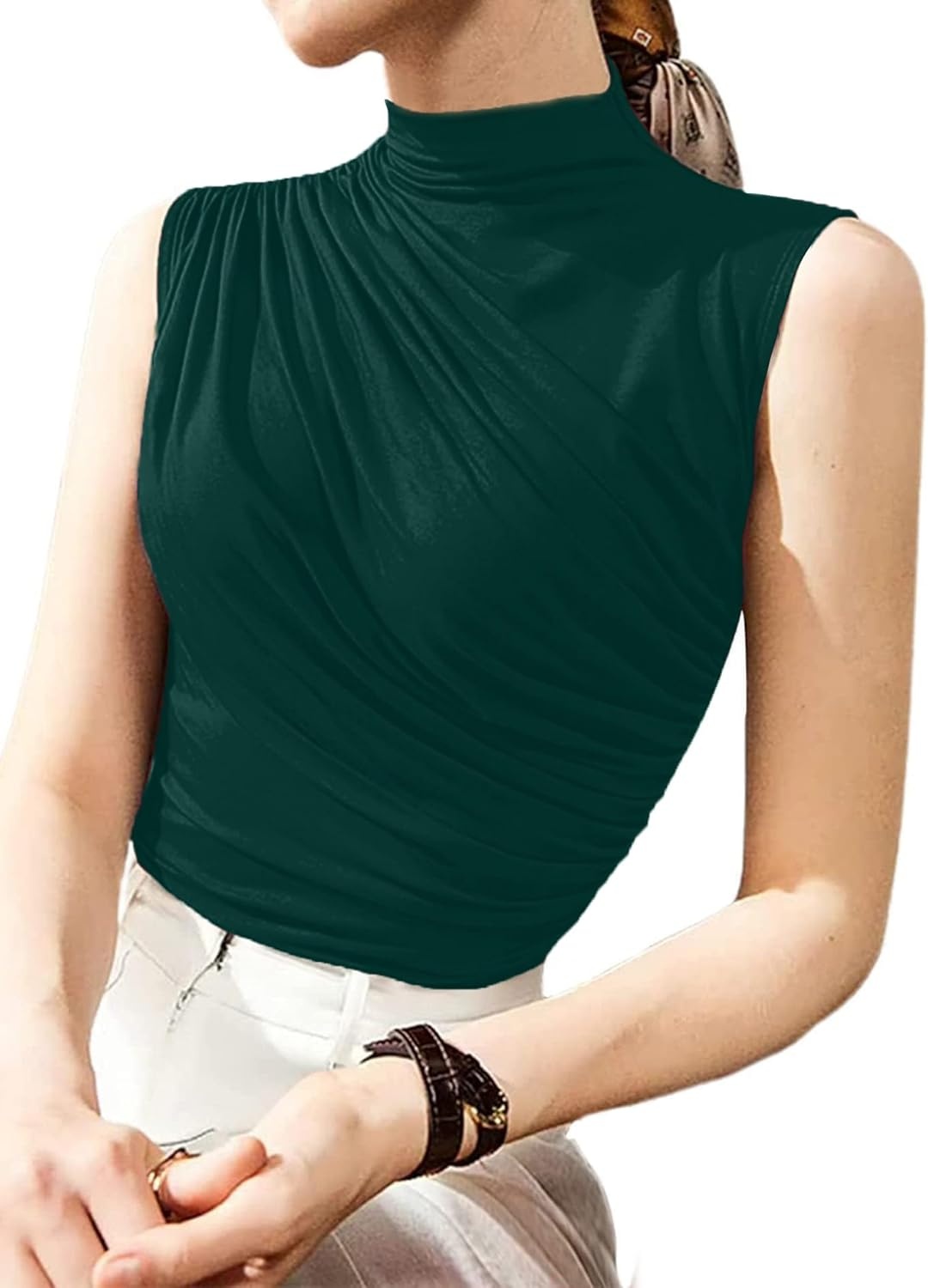 image:imageAvanova Women Fitted Sleeveless Ruched Tank Top Shirt Mock Turtleneck BlousesDark Green a