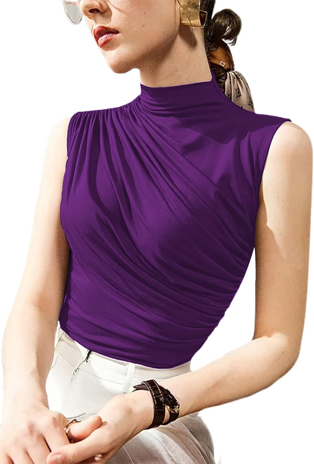 image:imageAvanova Women Fitted Sleeveless Ruched Tank Top Shirt Mock Turtleneck BlousesDark Purple a