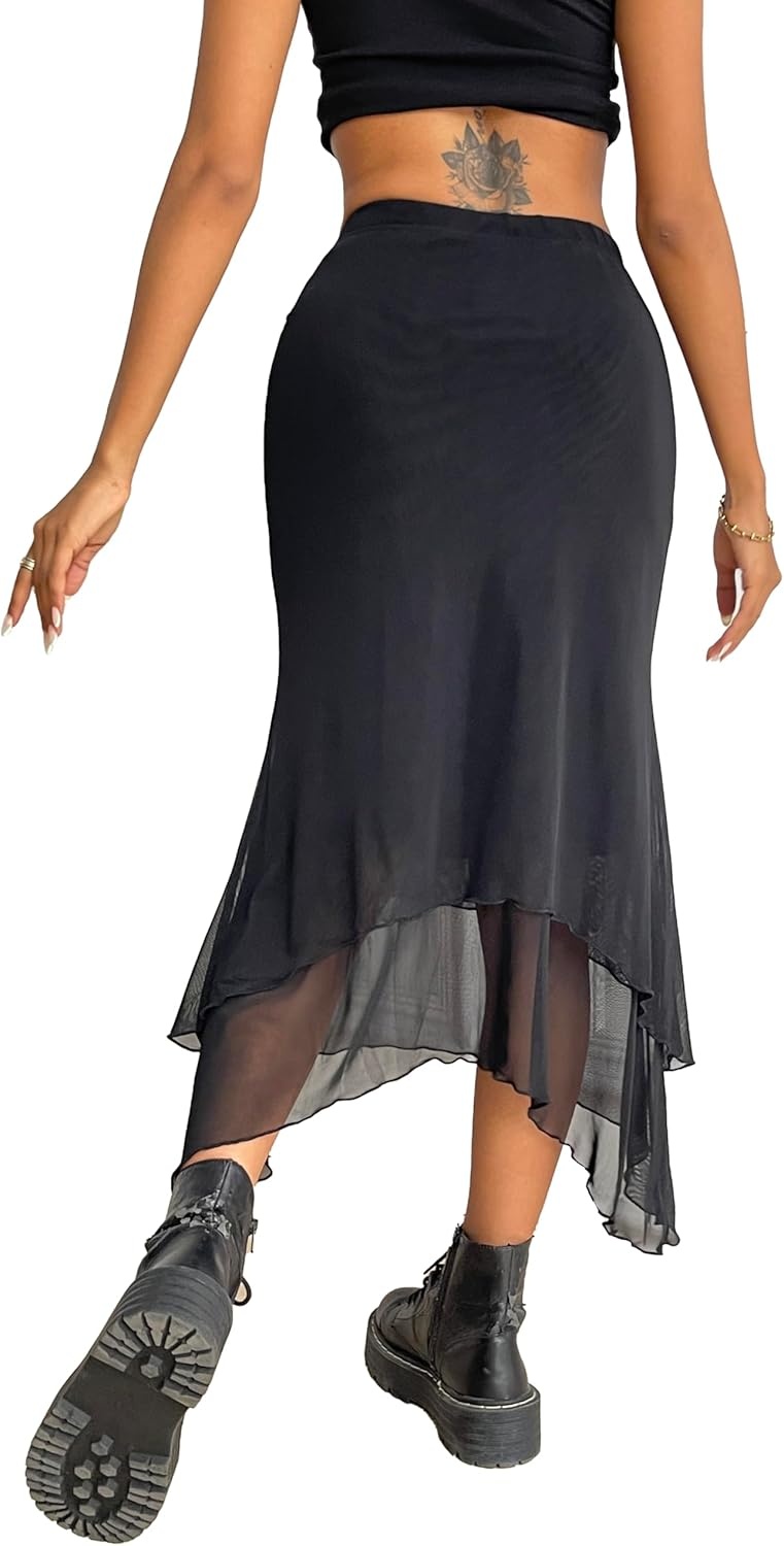 image:imageAvanova Women Mesh Asymmetrical Mermaid Midi Skirt High Waist Fishtail Long SkirtBlack