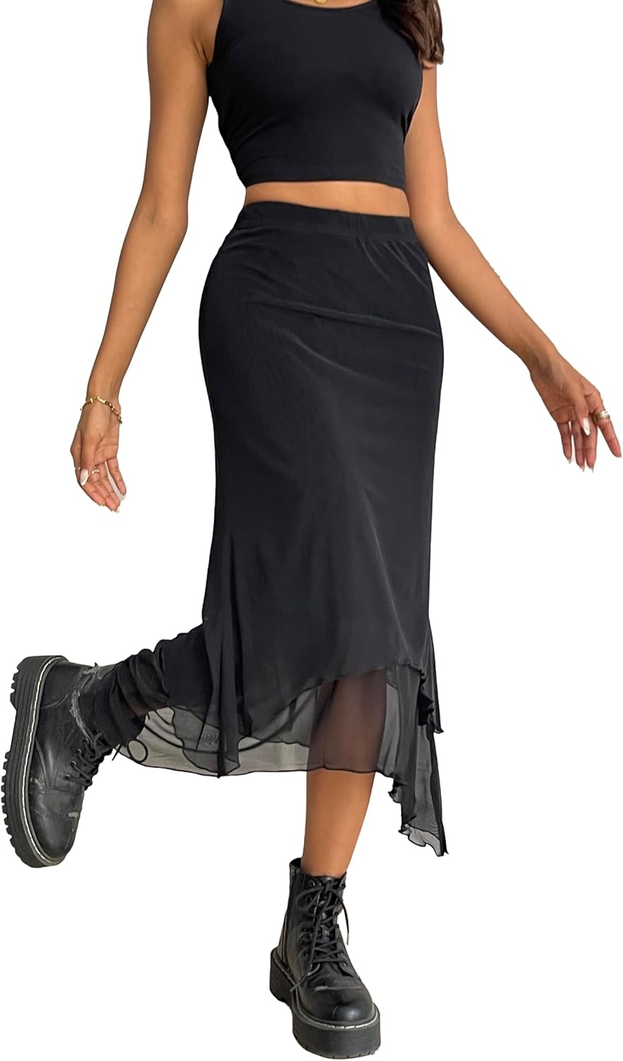 image:imageAvanova Women Mesh Asymmetrical Mermaid Midi Skirt High Waist Fishtail Long SkirtBlack
