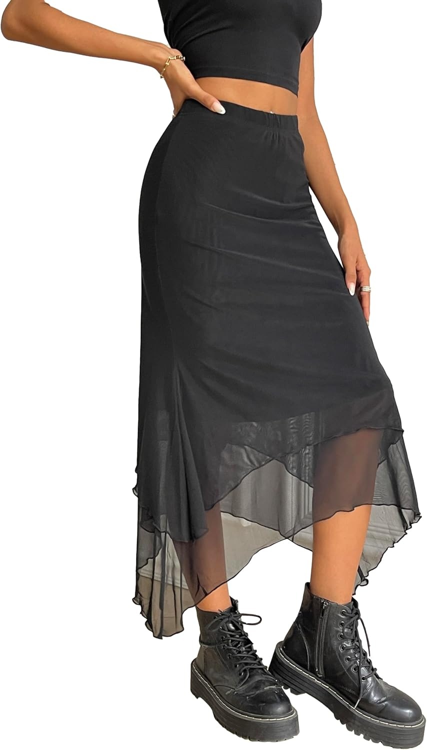 image:imageAvanova Women Mesh Asymmetrical Mermaid Midi Skirt High Waist Fishtail Long SkirtBlack