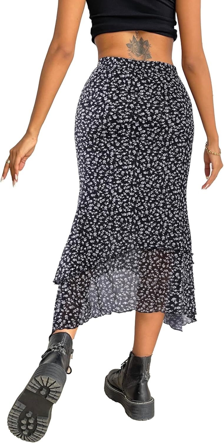 image:imageAvanova Women Mesh Asymmetrical Mermaid Midi Skirt High Waist Fishtail Long SkirtFloral Black