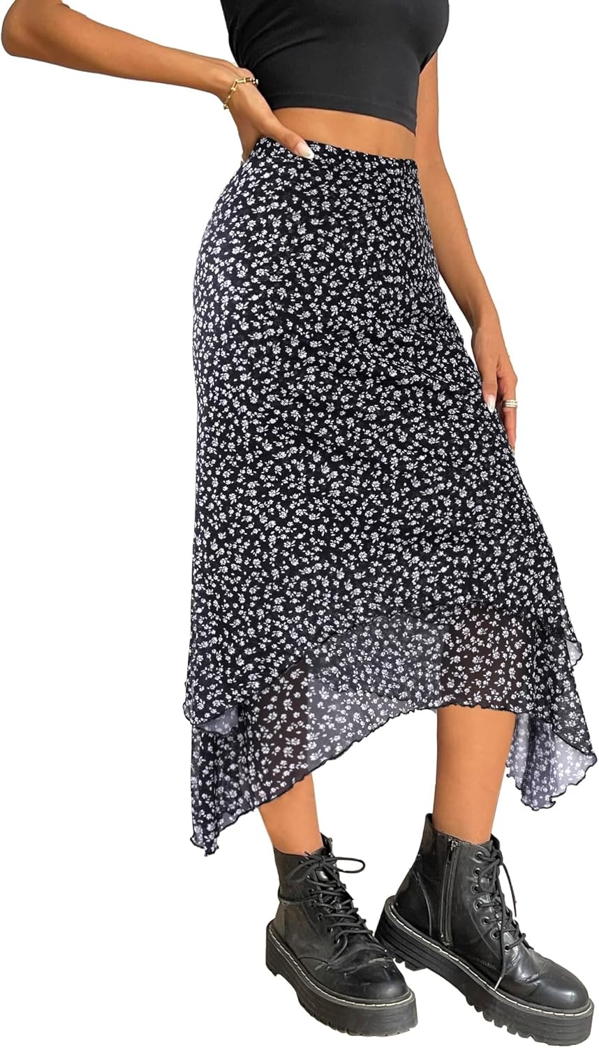 image:imageAvanova Women Mesh Asymmetrical Mermaid Midi Skirt High Waist Fishtail Long SkirtFloral Black