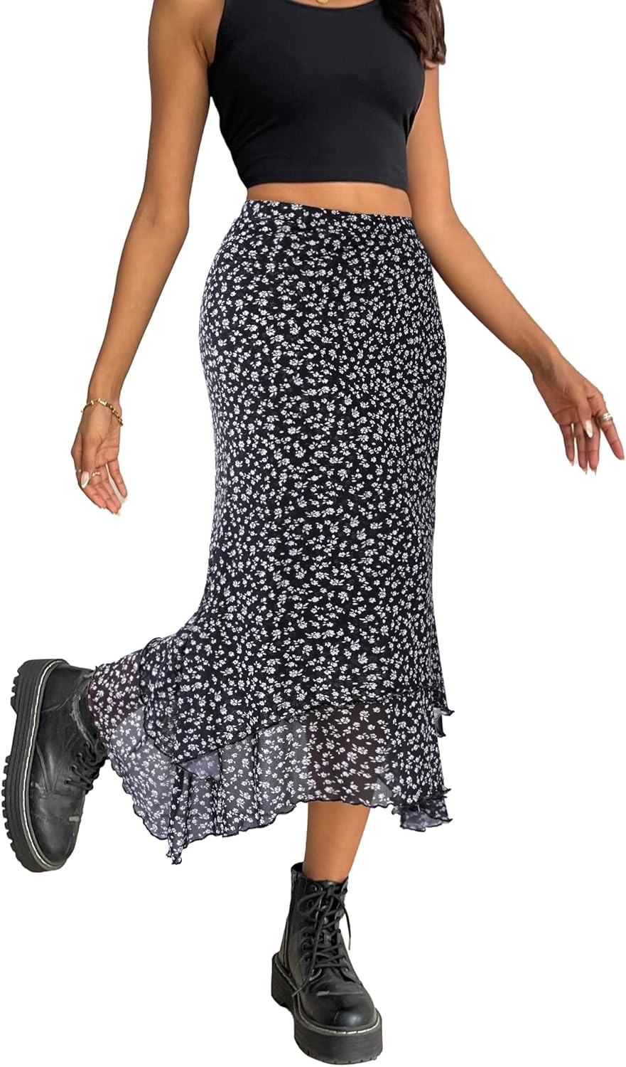 image:imageAvanova Women Mesh Asymmetrical Mermaid Midi Skirt High Waist Fishtail Long SkirtFloral Black