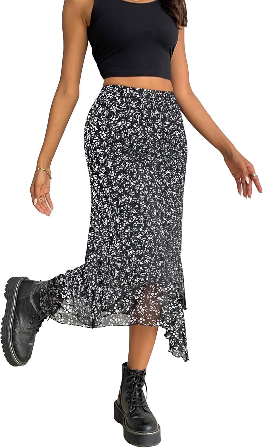 image:imageAvanova Women Mesh Asymmetrical Mermaid Midi Skirt High Waist Fishtail Long SkirtFloral Black D