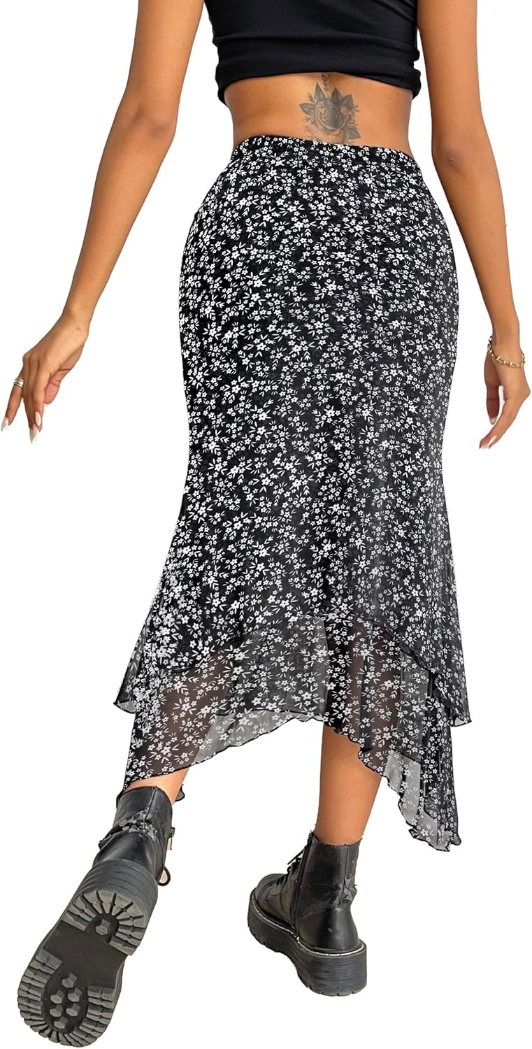 image:imageAvanova Women Mesh Asymmetrical Mermaid Midi Skirt High Waist Fishtail Long SkirtFloral Black D