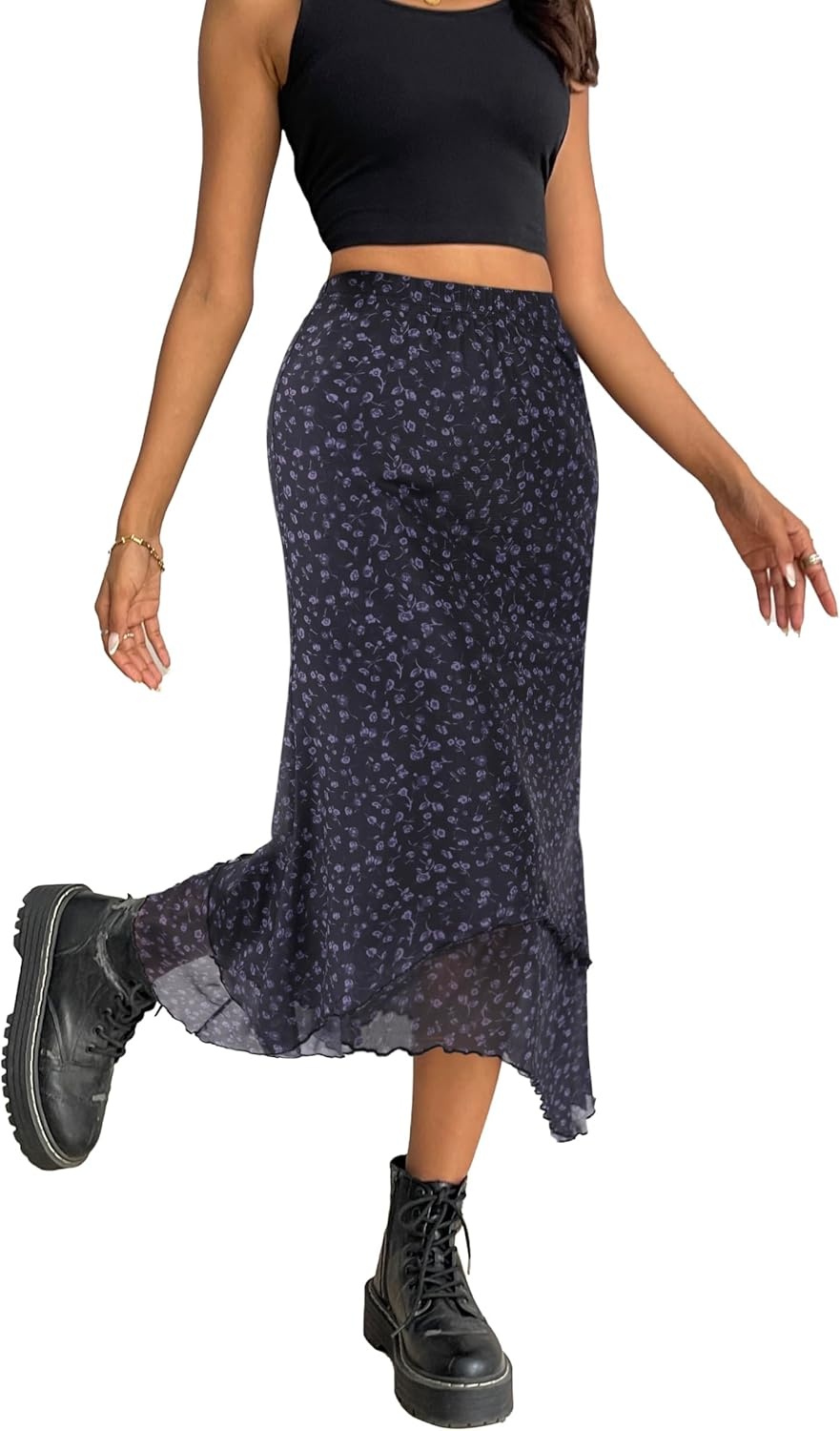 image:imageAvanova Women Mesh Asymmetrical Mermaid Midi Skirt High Waist Fishtail Long SkirtFloral Purple