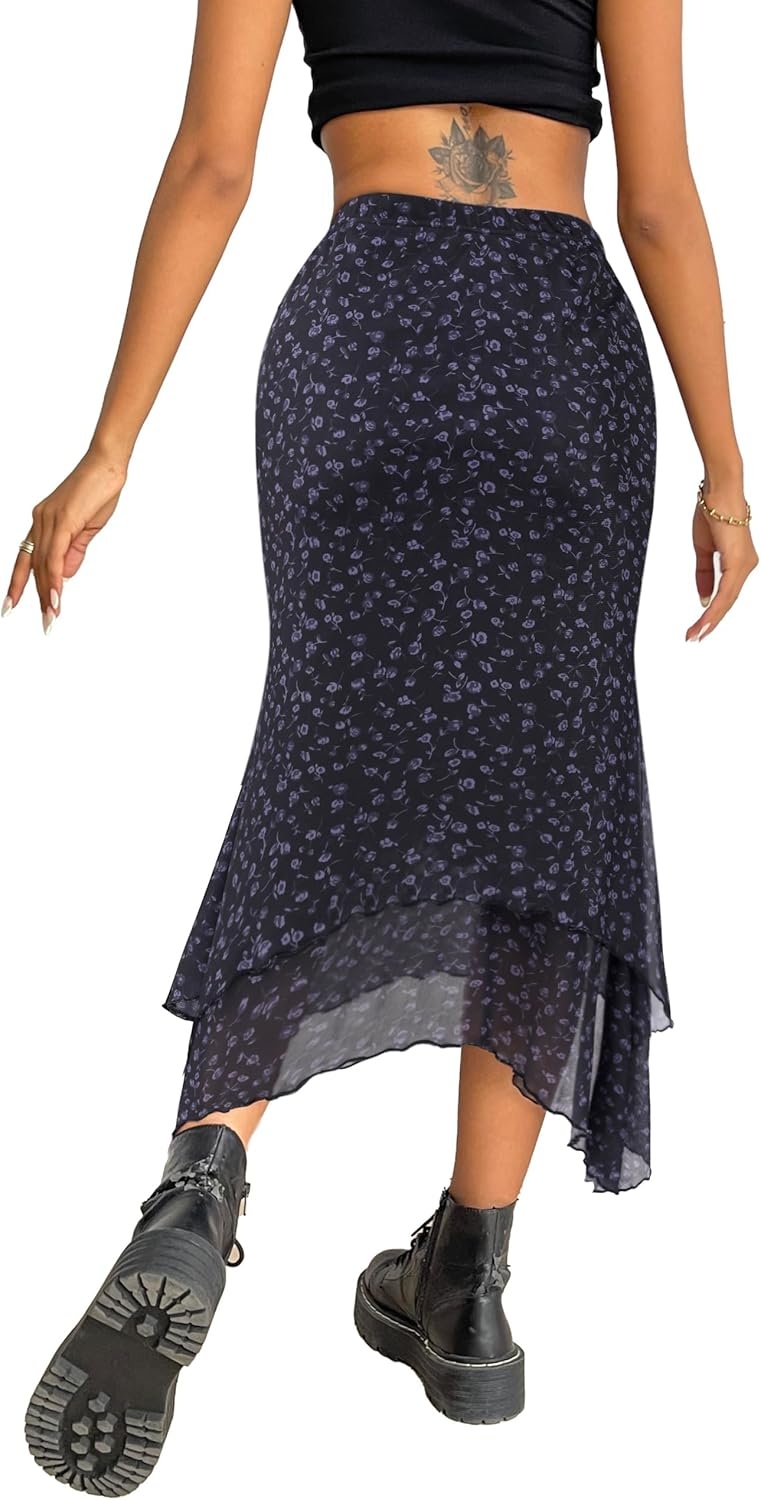 image:imageAvanova Women Mesh Asymmetrical Mermaid Midi Skirt High Waist Fishtail Long SkirtFloral Purple