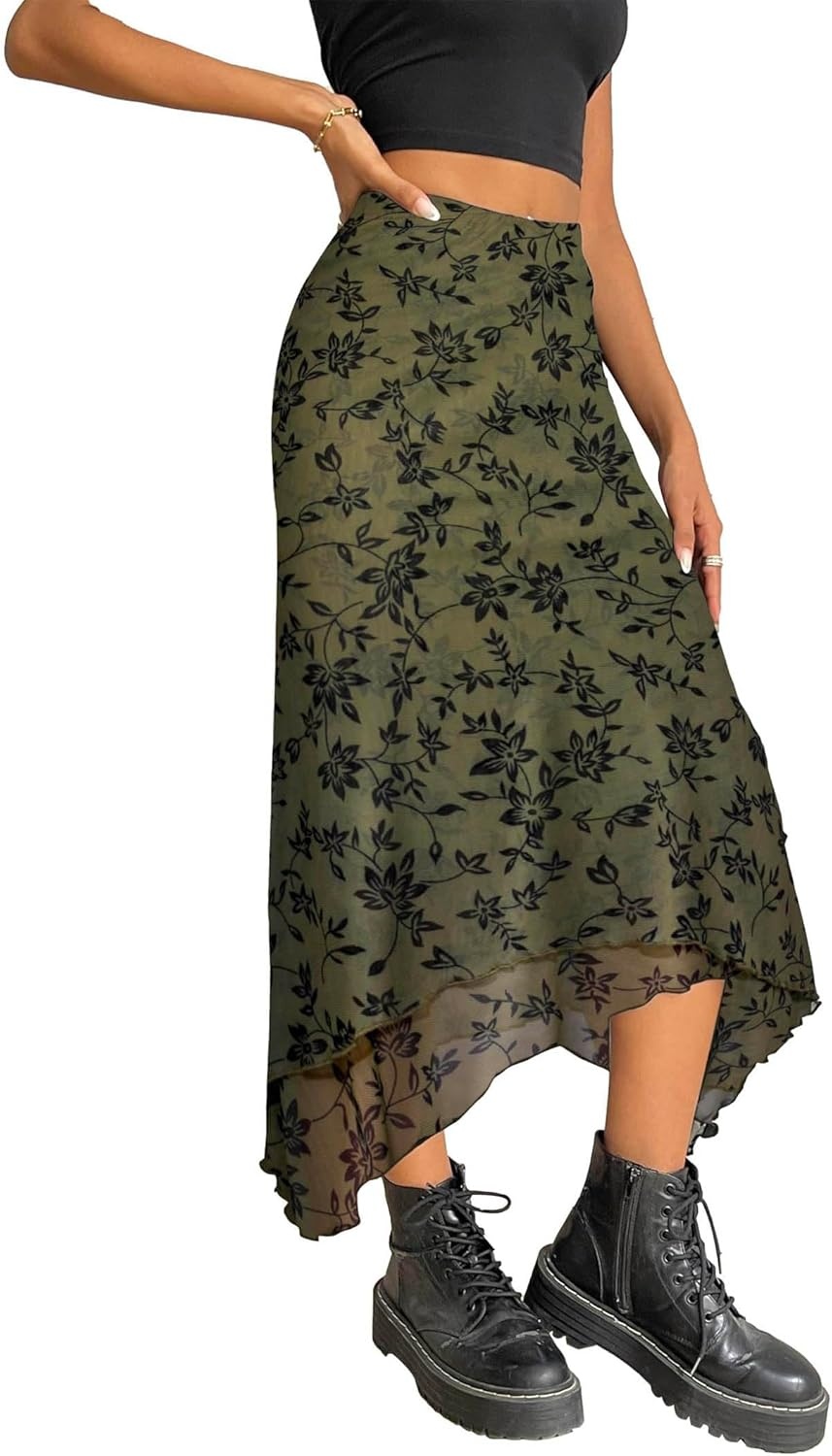 image:imageAvanova Women Mesh Asymmetrical Mermaid Midi Skirt High Waist Fishtail Long SkirtGreen Flower