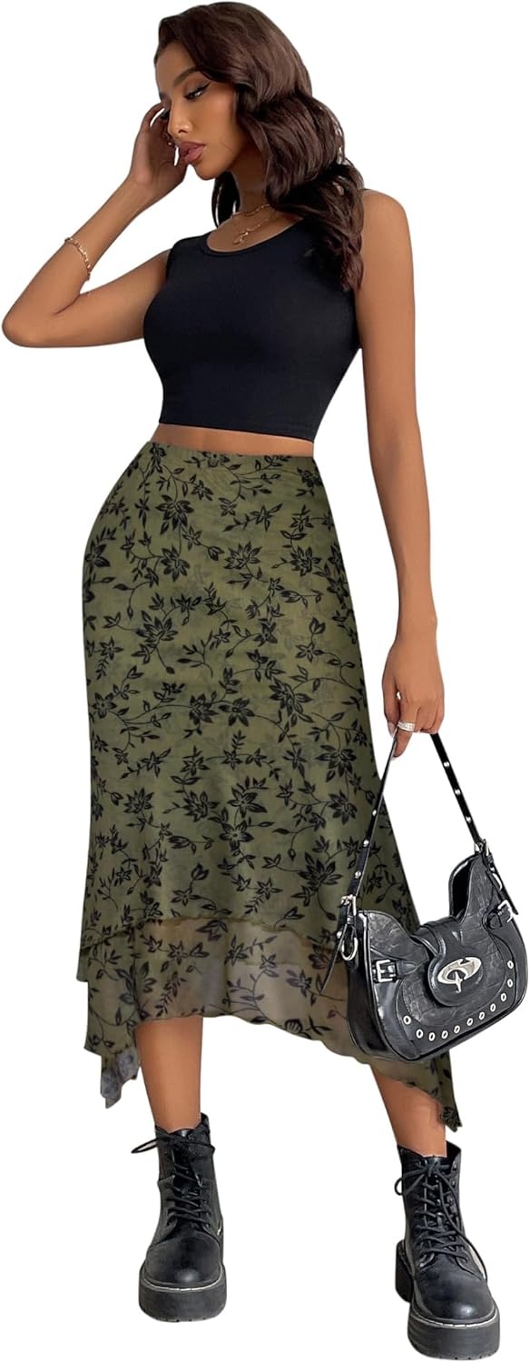 image:imageAvanova Women Mesh Asymmetrical Mermaid Midi Skirt High Waist Fishtail Long SkirtGreen Flower
