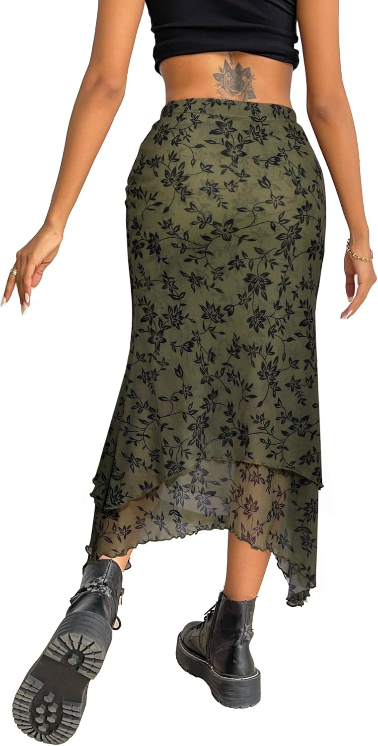 image:imageAvanova Women Mesh Asymmetrical Mermaid Midi Skirt High Waist Fishtail Long SkirtGreen Flower