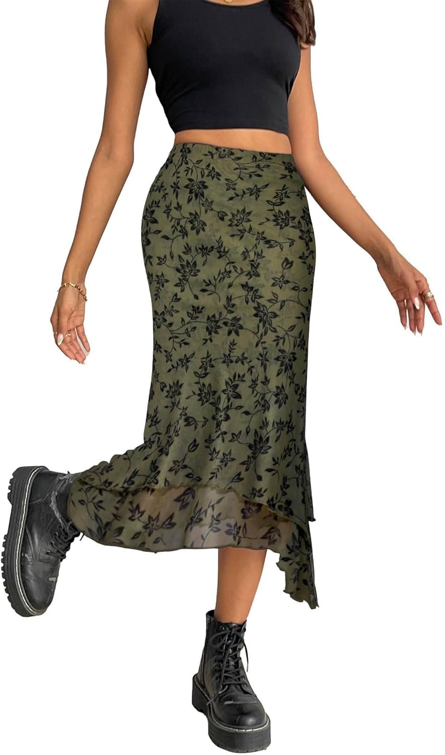 image:imageAvanova Women Mesh Asymmetrical Mermaid Midi Skirt High Waist Fishtail Long SkirtGreen Flower