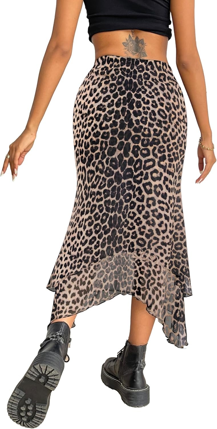 image:imageAvanova Women Mesh Asymmetrical Mermaid Midi Skirt High Waist Fishtail Long SkirtKhaki Leopard