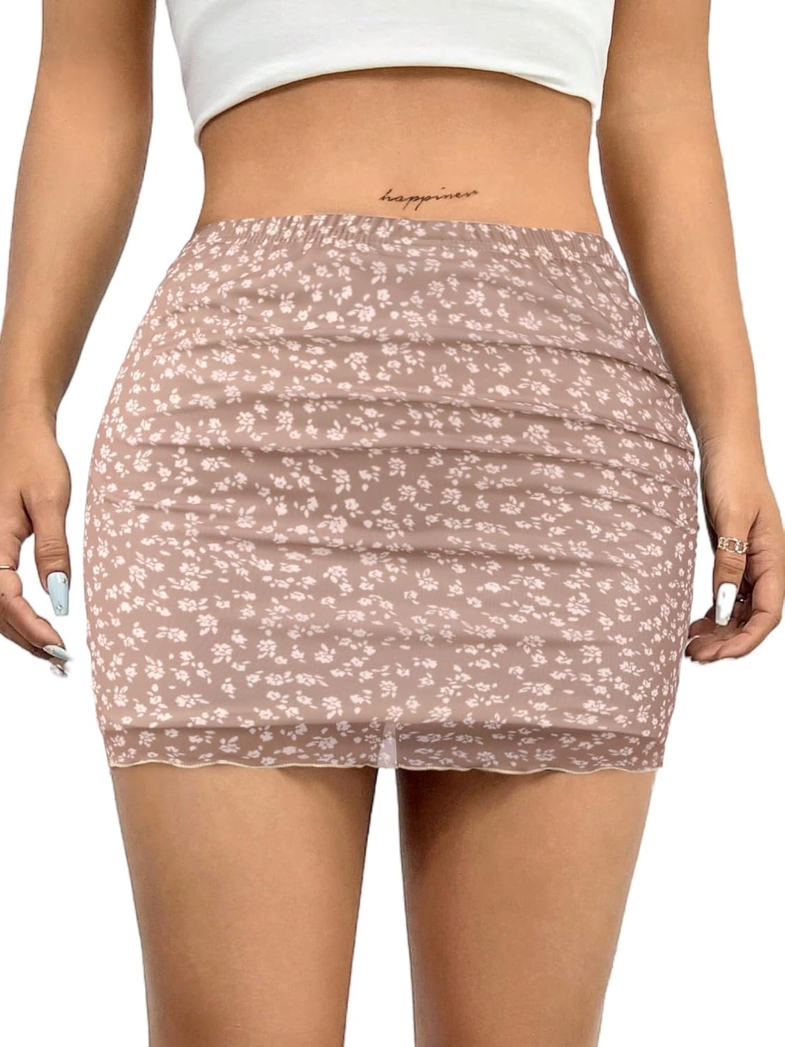 image:imageAvanova Women Mini Skirt High Waisted Ruched Mesh Bodycon Skorts for Going Out Club Summer SkirtApricot Floral