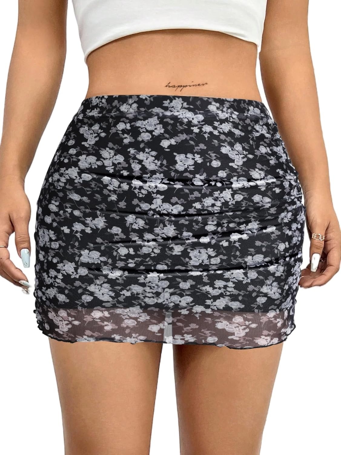 image:imageAvanova Women Mini Skirt High Waisted Ruched Mesh Bodycon Skorts for Going Out Club Summer SkirtBlack Lx02