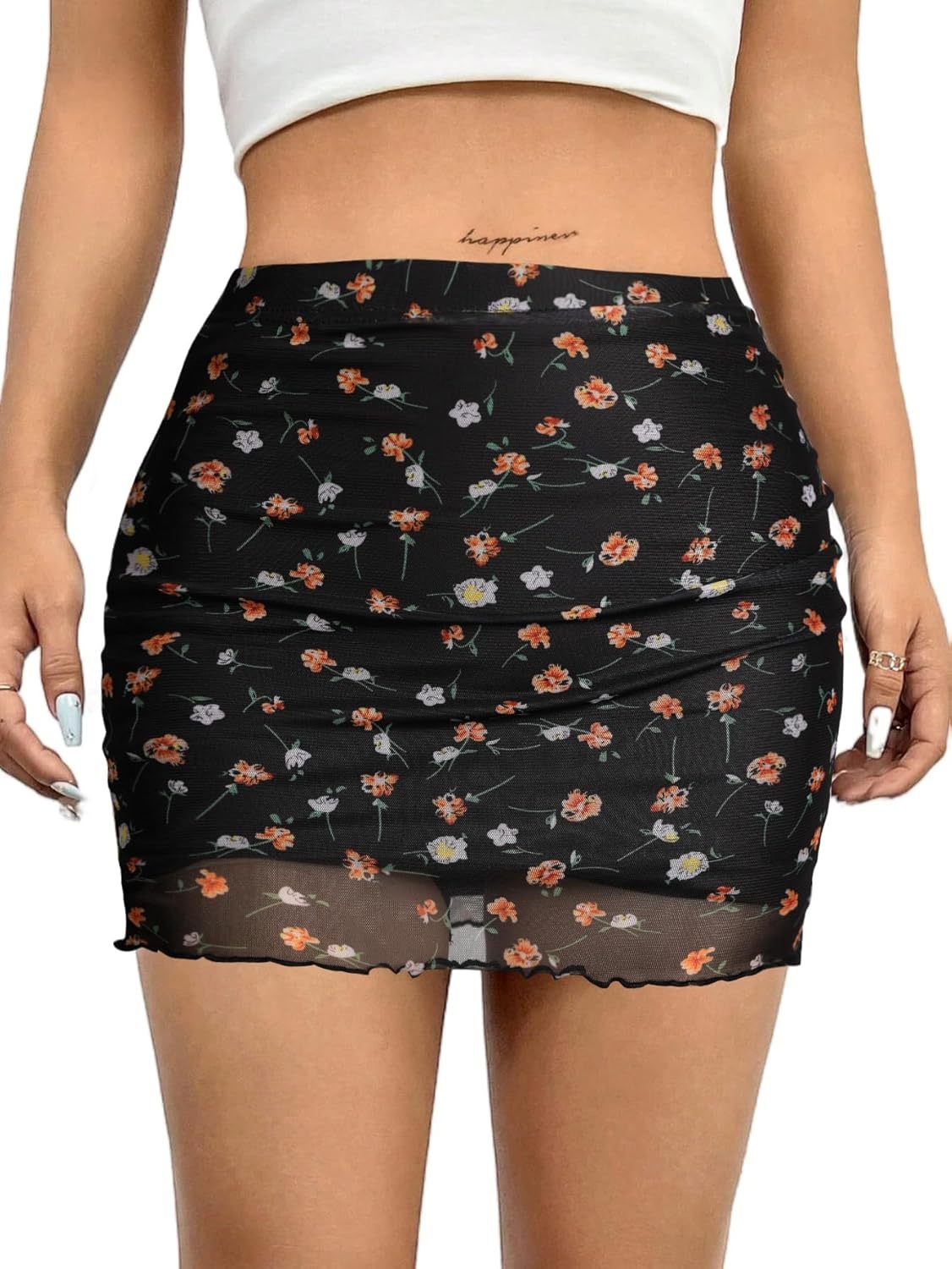 image:imageAvanova Women Mini Skirt High Waisted Ruched Mesh Bodycon Skorts for Going Out Club Summer SkirtBlack Lx05