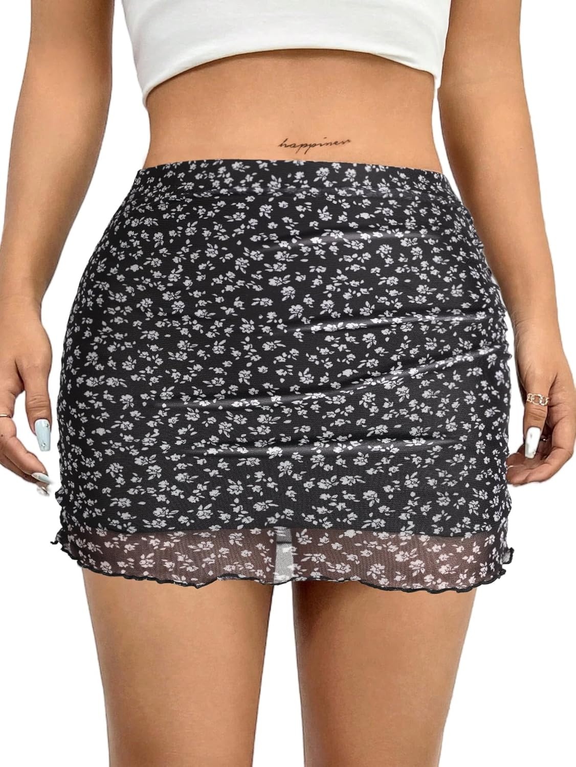 image:imageAvanova Women Mini Skirt High Waisted Ruched Mesh Bodycon Skorts for Going Out Club Summer SkirtBlack Lx06