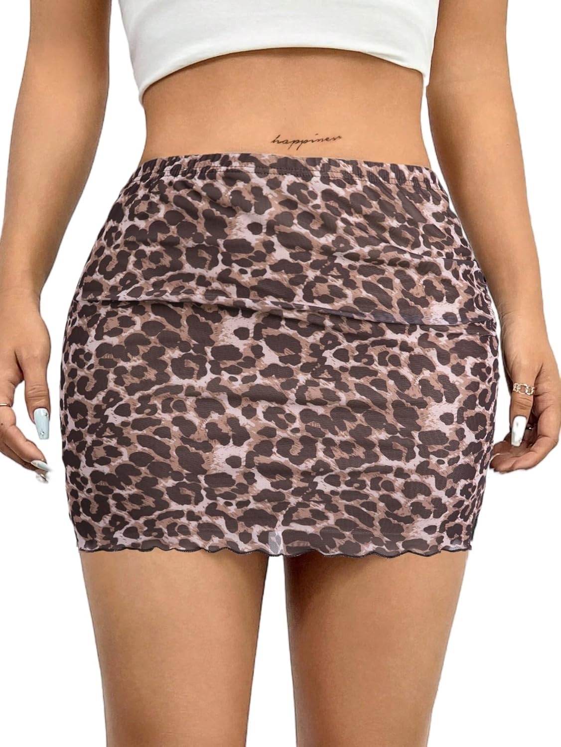 image:imageAvanova Women Mini Skirt High Waisted Ruched Mesh Bodycon Skorts for Going Out Club Summer SkirtBrown Leopard
