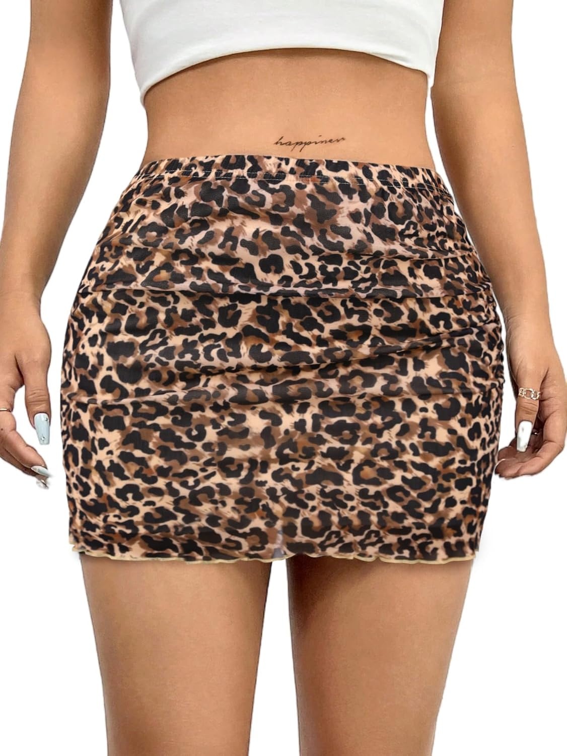 image:imageAvanova Women Mini Skirt High Waisted Ruched Mesh Bodycon Skorts for Going Out Club Summer SkirtDark Brown Leopard