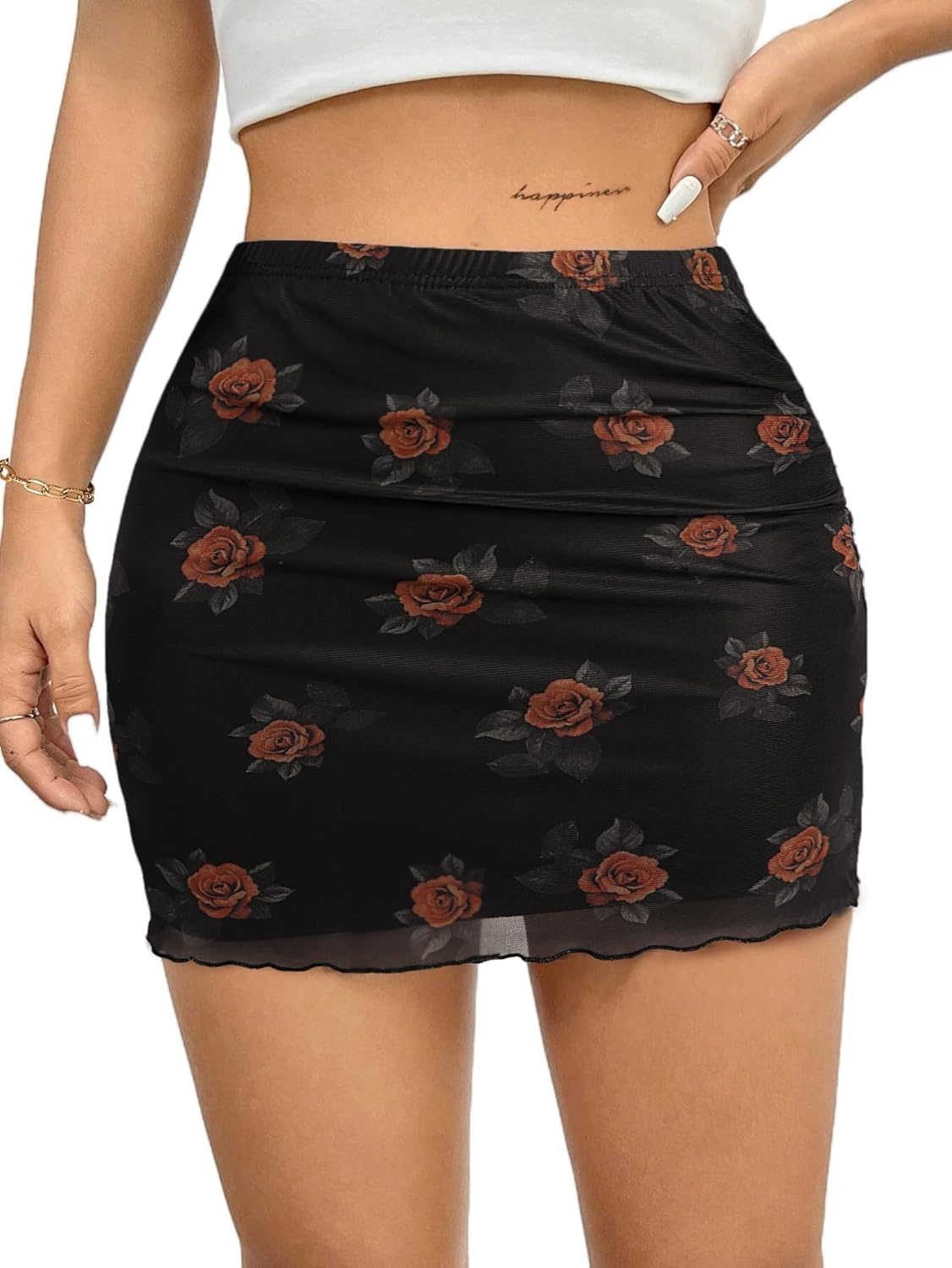 image:imageAvanova Women Mini Skirt High Waisted Ruched Mesh Bodycon Skorts for Going Out Club Summer SkirtFloral Black F