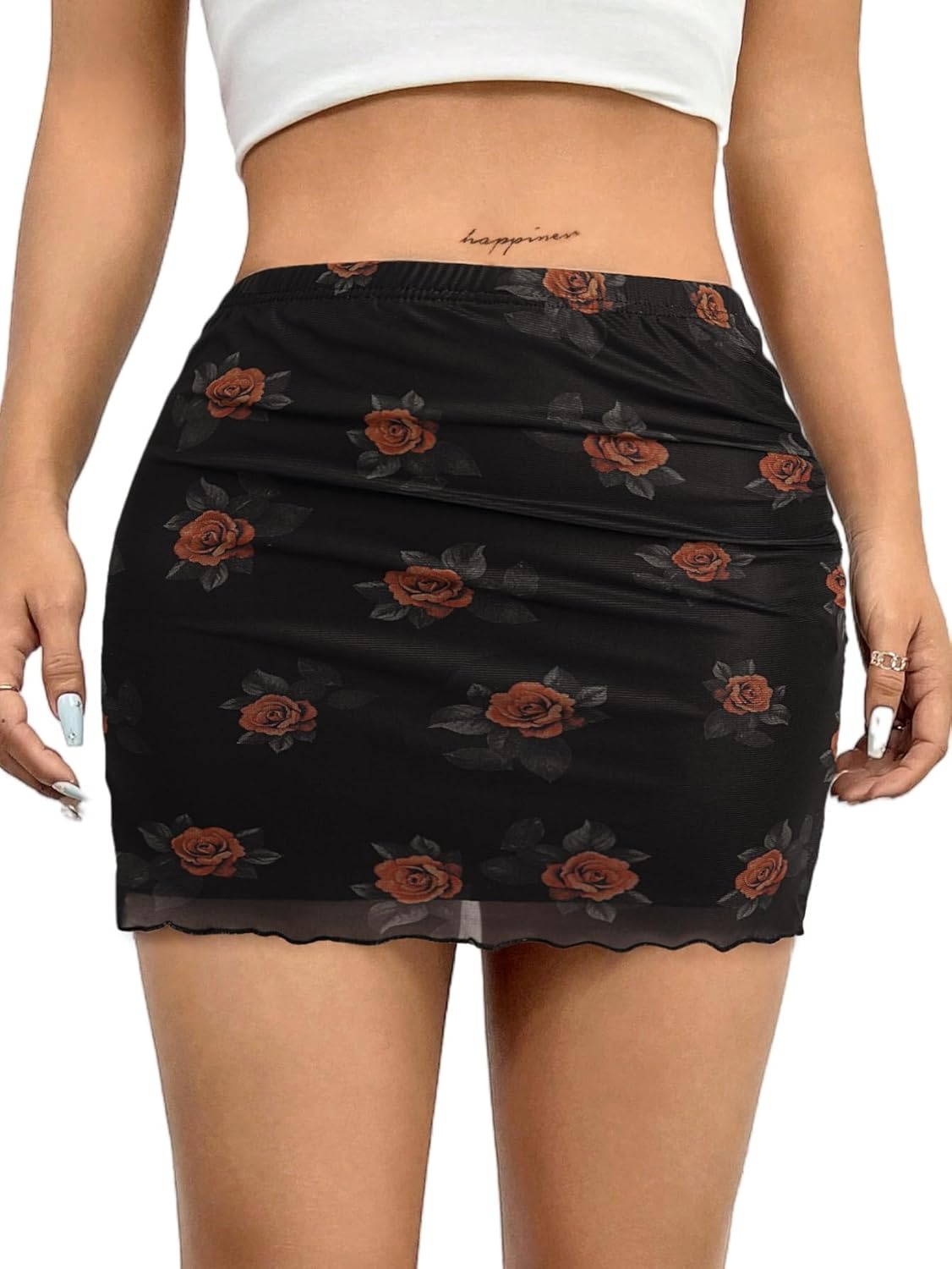 image:imageAvanova Women Mini Skirt High Waisted Ruched Mesh Bodycon Skorts for Going Out Club Summer SkirtFloral Black F