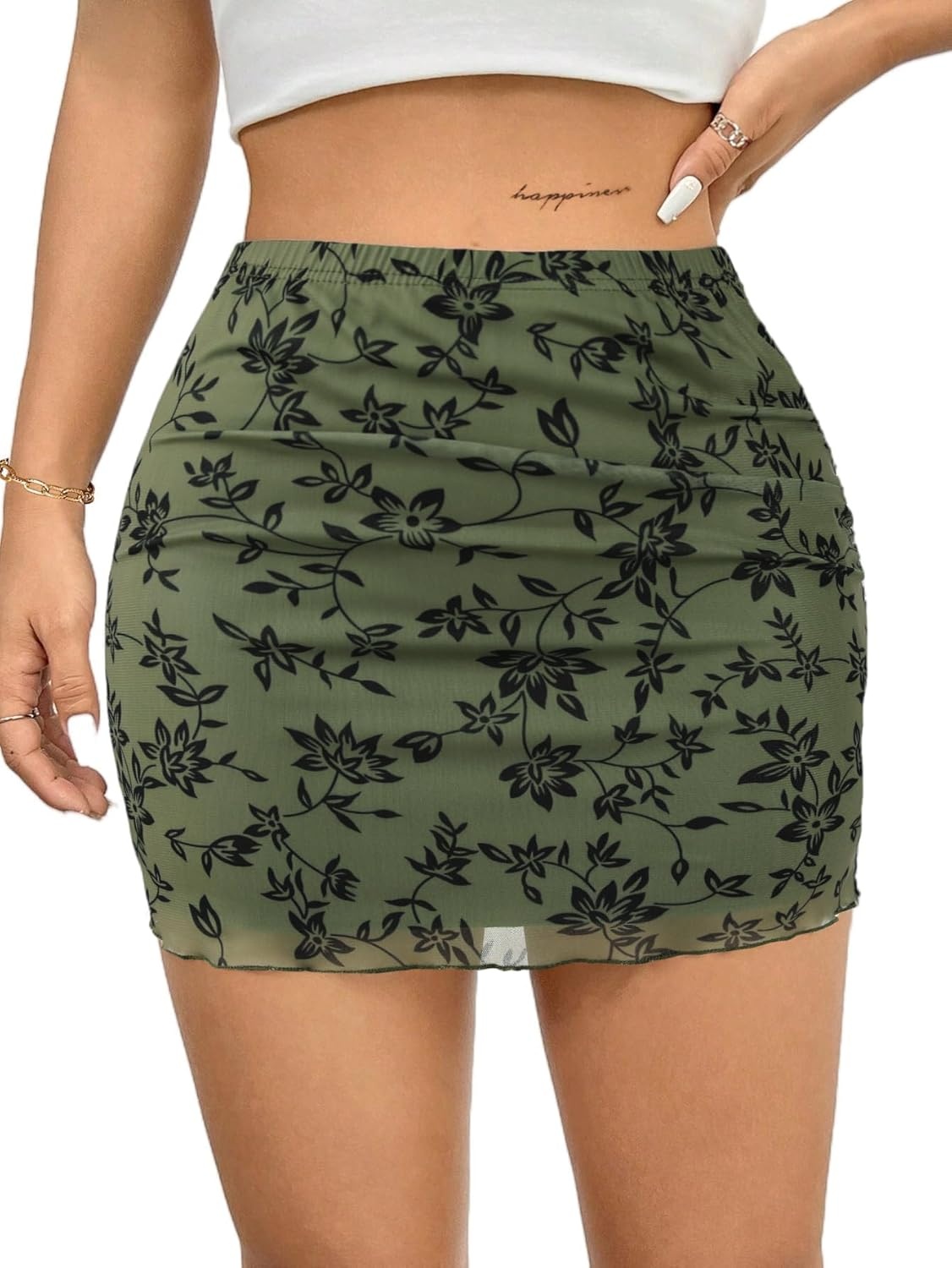 image:imageAvanova Women Mini Skirt High Waisted Ruched Mesh Bodycon Skorts for Going Out Club Summer SkirtFloral Green
