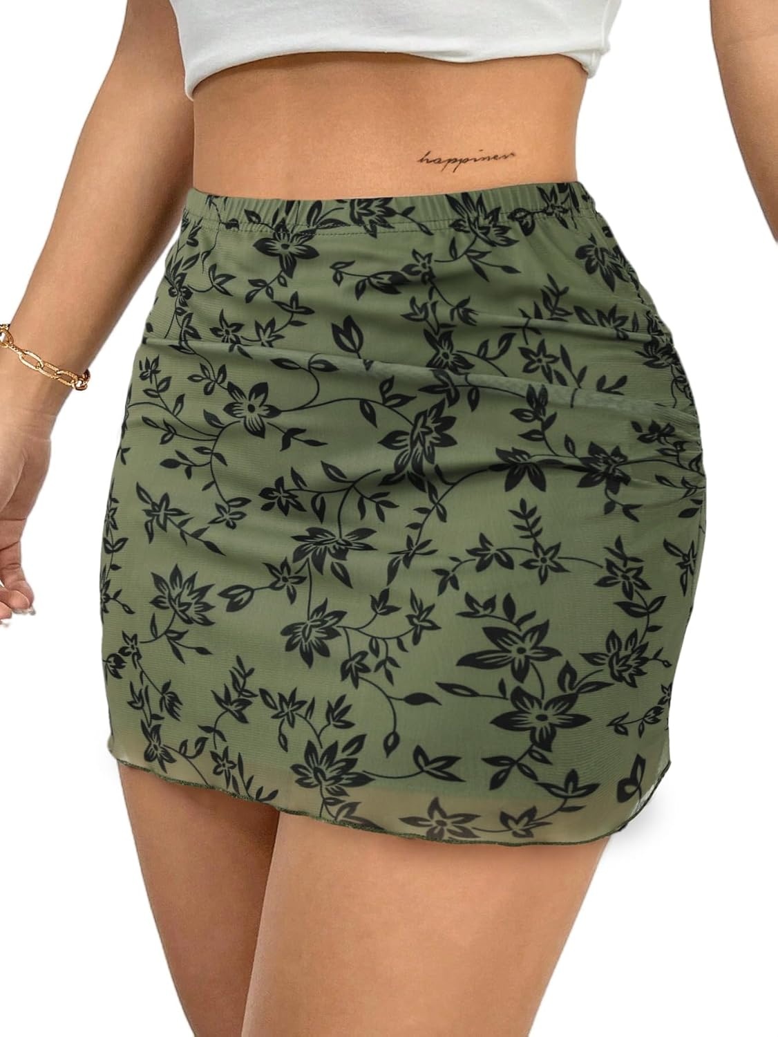 image:imageAvanova Women Mini Skirt High Waisted Ruched Mesh Bodycon Skorts for Going Out Club Summer SkirtFloral Green