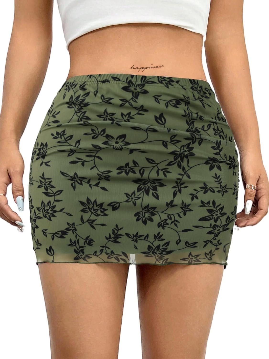 image:imageAvanova Women Mini Skirt High Waisted Ruched Mesh Bodycon Skorts for Going Out Club Summer SkirtFloral Green