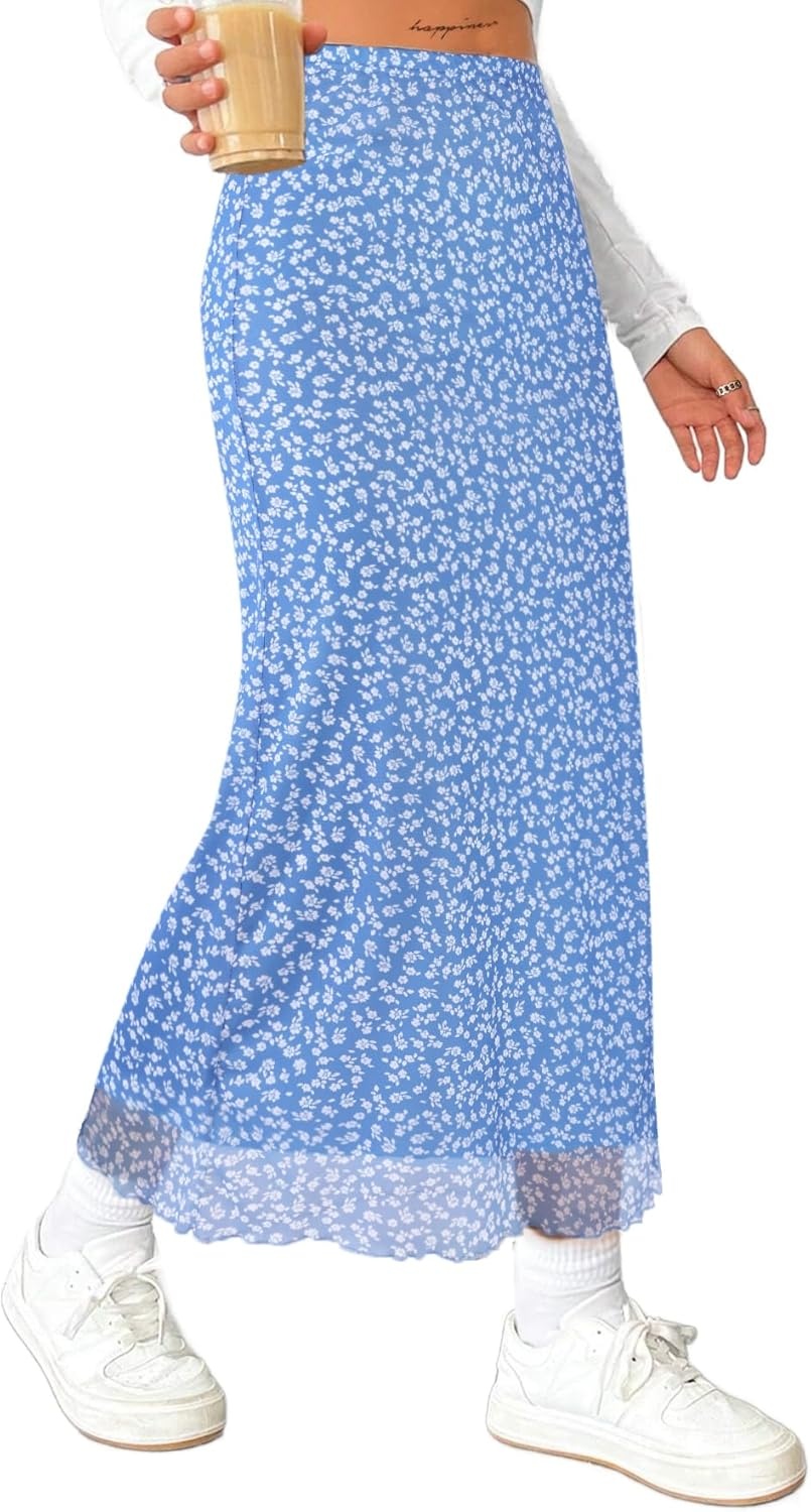 image:imageAvanova Womens Mesh Slit Split Long Skirts High Waisted Sexy Summer Maxi SkirtsBlue Floral