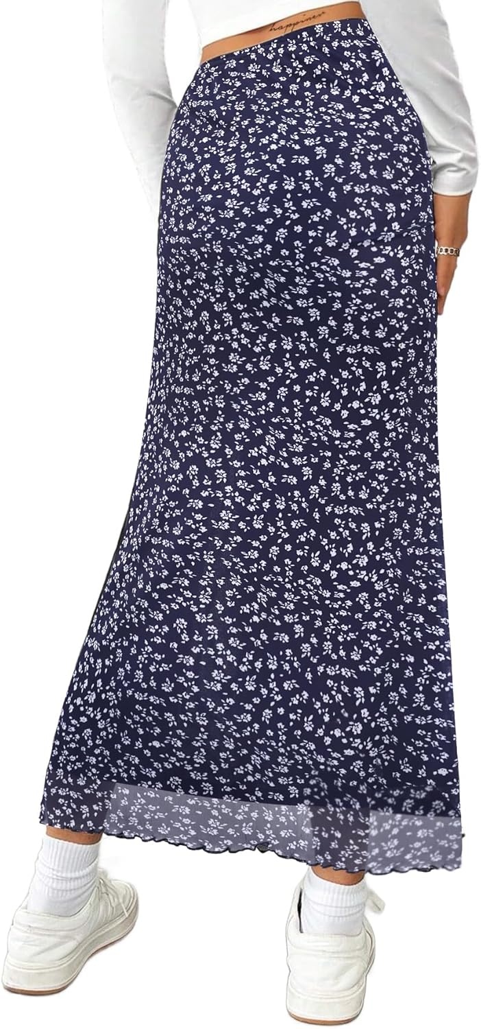 image:imageAvanova Womens Mesh Slit Split Long Skirts High Waisted Sexy Summer Maxi SkirtsBlue Floral B