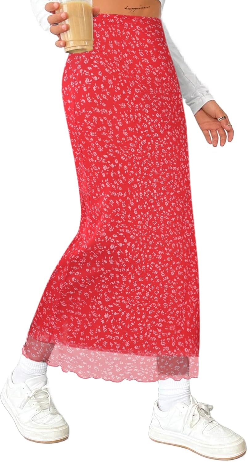 image:imageAvanova Womens Mesh Slit Split Long Skirts High Waisted Sexy Summer Maxi SkirtsRed Floral
