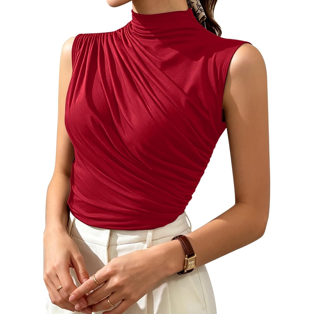 image:imageAvanova Women Fitted Sleeveless Ruched Tank Top Shirt Mock Turtleneck BlousesRed