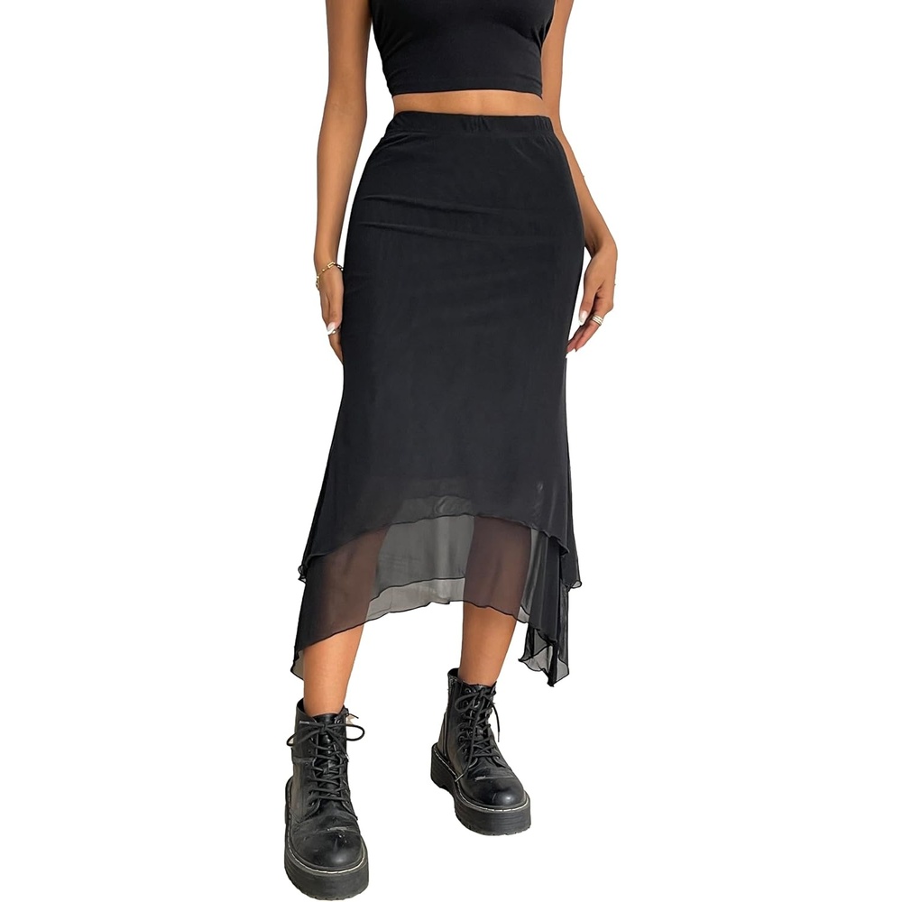 image:imageAvanova Women Mesh Asymmetrical Mermaid Midi Skirt High Waist Fishtail Long SkirtBlack