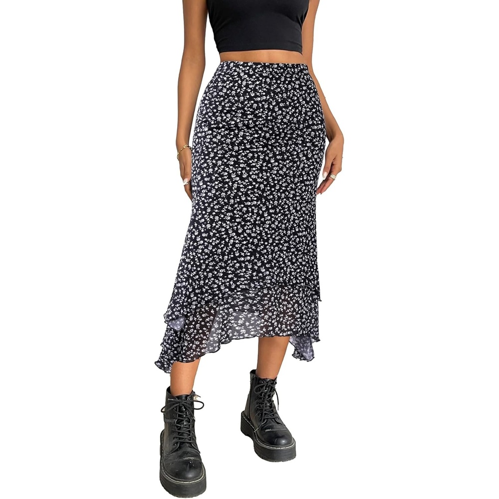 image:imageAvanova Women Mesh Asymmetrical Mermaid Midi Skirt High Waist Fishtail Long SkirtFloral Black